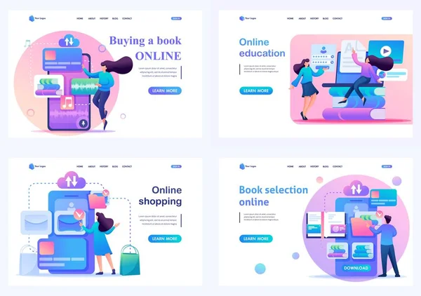 Set 2D Flat concepts Selection of books for learning and recreation through the mobile app. For Landing page concepts and web design — Stock Vector