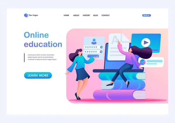 Girls in the network choose a training course. Online learning. Flat 2D character. Landing page concepts and web design — Stock Vector