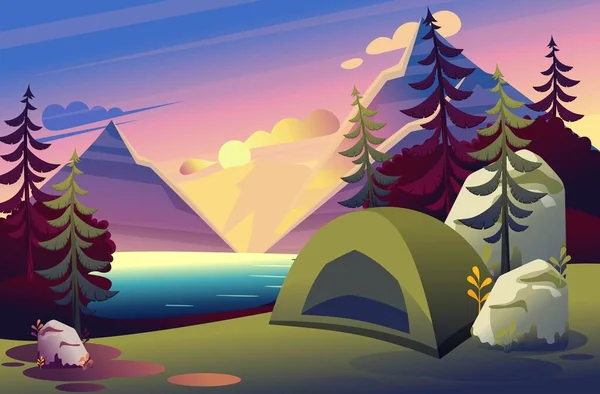 Ilustração brilhante de uma barraca de acampamento na floresta contra o pôr do sol no lago. Apartamento 2D plano. Conceito para web design —  Vetores de Stock