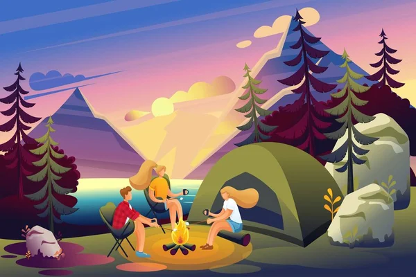 Amici di ricreazione all'aperto vicino al fuoco al tramonto, campeggio. Carattere piatto 2D. Concetto per il web design — Vettoriale Stock