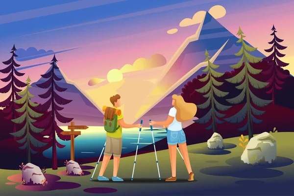 Jeunes marchant dans les bois, faisant du camping de marche nordique. Caractère plat 2D. Concept de web design — Image vectorielle