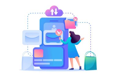 İnternetten alışveriş yapan kız, internetten kıyafet seçiyor. Düz 2D karakter. Web tasarımı için kavram