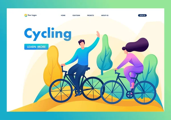 Gli amici vanno in bicicletta nella foresta, riposo, intrattenimento, passeggiata, amicizia. Carattere piatto 2D. Concetti di Landing page e web design — Vettoriale Stock