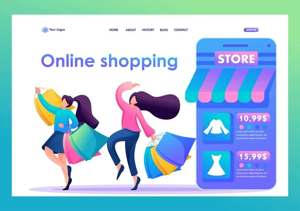 Jovencita novias comprar ropa en línea y divertirse, amistad. Carácter 2D plano. Conceptos de landing page y diseño web — Vector de stock