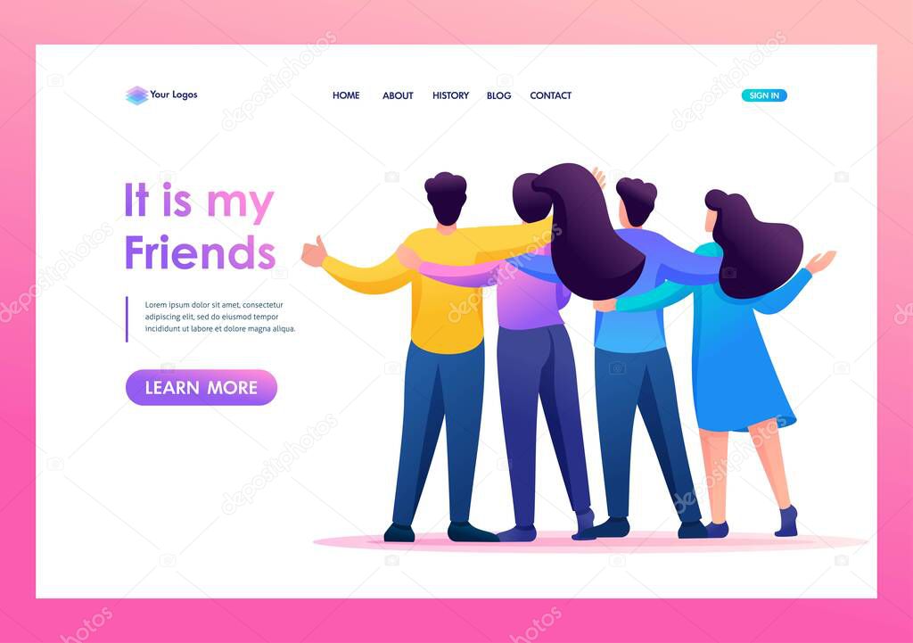 Meeting friends, friends are standing in an embrace, joy, friendship. Flat 2D character. Landing page concepts and web design