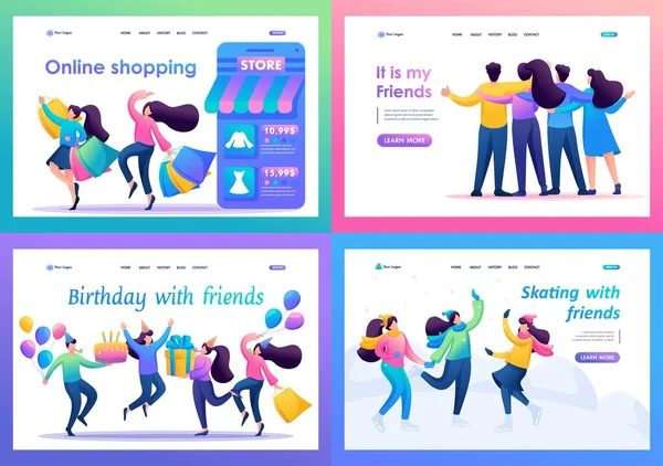 Set 2D Flat concepts Young people have fun and rejoice, friendship. For Landing page concepts and web design — Stock Vector