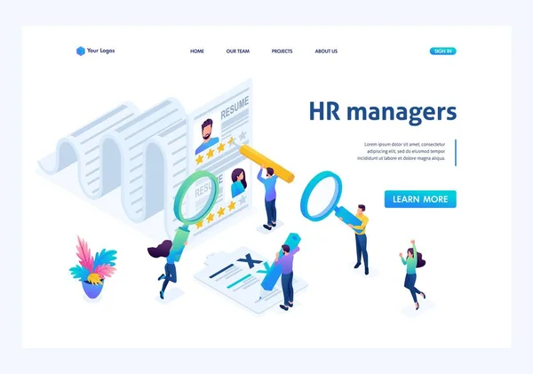 Gerente de RH isométrico, consideração do resumo, conceito de recrutamento, cor brilhante. Conceitos de landing page e web design —  Vetores de Stock