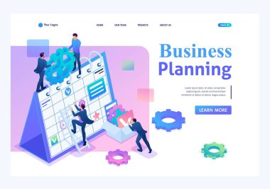 Isometric İşadamları gelecek ay için bir iş planı hazırlıyorlar. İniş sayfası kavramları ve web tasarımı