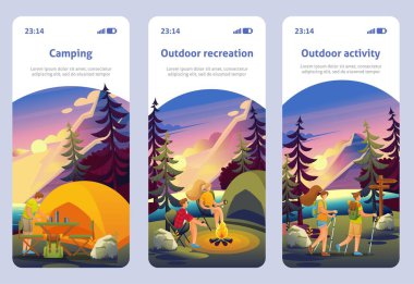 Sayfa Şablonu Mobil Uygulaması Ormanda Aktif Eğlence. Kamp ateşi etrafında uygun bir tatil, kamp, yürüyüş, bisiklet seçin. Düz 2B Karakter