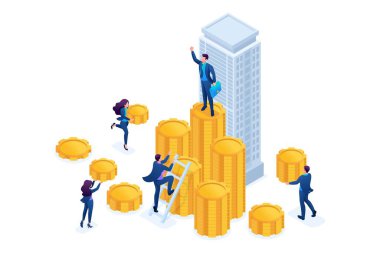 Isometric İşadamları bir yatırım şirketine para taşıyorlar. Web tasarımı için kavram