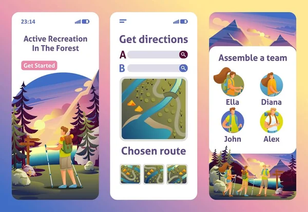 Page Template Mobile App.. Aktivní rekreace v lese. Člověk si vybere cestu pro Nordic Walking. Plochý 2D znak — Stockový vektor