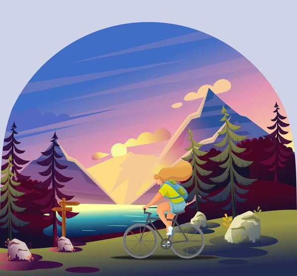Recreação ativa na floresta. A menina usa a rota para um passeio de bicicleta. Vista bonita da floresta, lago, pôr do sol, montanhas. Caráter 2D plano —  Vetores de Stock