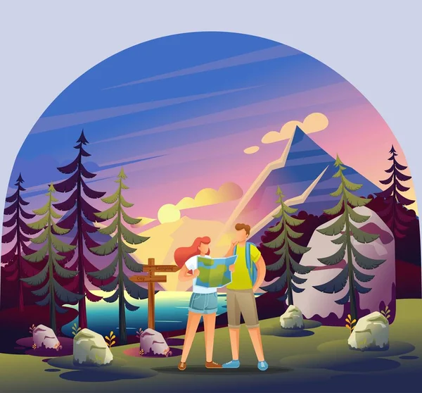 Ormandaki Aktif Eğlence. Genç çiftler bir harita kullanarak ormanın rotasını araştırıyor. Orman, Göl, Günbatımı, Dağlar. Düz 2B Karakter