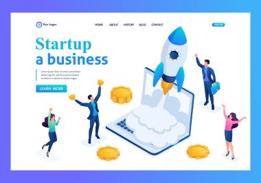 Isometric işletme girişimi, iş adamları dizüstü bilgisayardan roketin fırlatılmasına bayılıyor. İniş sayfası kavramları ve web tasarımı