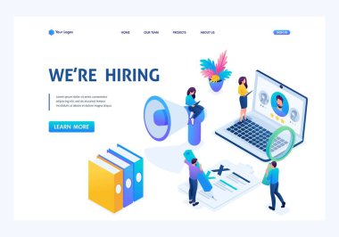 Isometric İK Yöneticisi, şirketimize eleman alımı için eleman alıyoruz. İniş sayfası kavramları ve web tasarımı