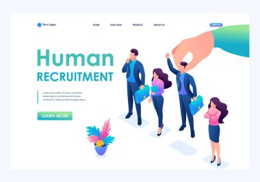 Isometric İşveren seçilmiş insanlardan adam seçiyor, adam toplama konsepti. İniş sayfası kavramları ve web tasarımı