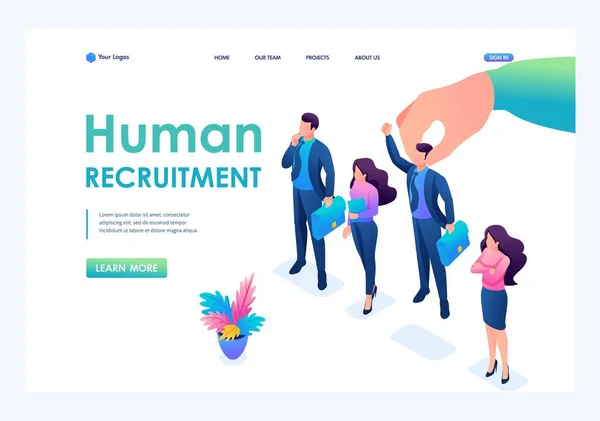 Isometrisk arbetsgivare hand välja man från utvalda grupp av människor, rekrytera koncept. Koncept för landningssida och webbdesign — Stock vektor