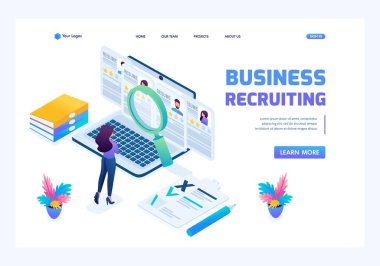 Isometric İK Yöneticisi, işe alım müdürü sitedeki özgeçmiş seçeneklerini gözden geçiriyor, parlak renk. İniş sayfası kavramları ve web tasarımı