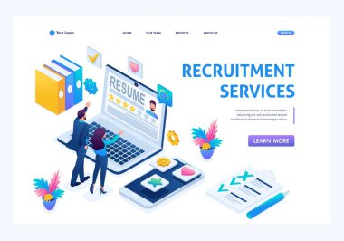 Isometric İK Yöneticisi, çalışanları bulma servisi, yöneticiler adayları, başvuruları göz önünde bulundurur. İniş sayfası kavramları ve web tasarımı