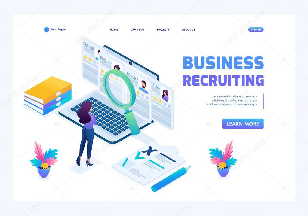 Isometric HR Manager, recruiting manager reviews the resume options on the site, bright color. Landing page concepts and web design