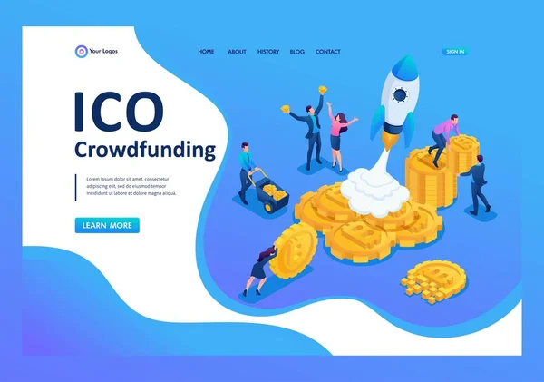 Isométrico ICO crowdfunding en el negocio criptomoneda tienen dinero para invertir en el proyecto. Conceptos de landing page y diseño web — Vector de stock