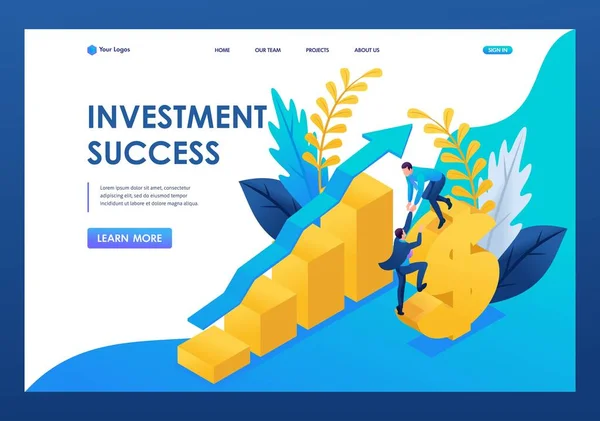 Sucesso isométrico de investimentos, empresários investir com sucesso dinheiro. Conceitos de landing page e web design — Vetor de Stock