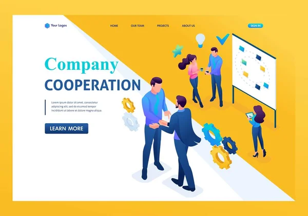 Isometrisk affärsverksamhet Samarbete mellan företag och anställda. Koncept för landningssida och webbdesign — Stock vektor