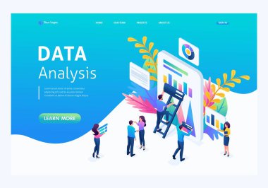 İşçiler tarafından özgün konsept veri toplama, tabletteki verileri analiz etme süreci. İniş sayfası kavramları ve web tasarımı