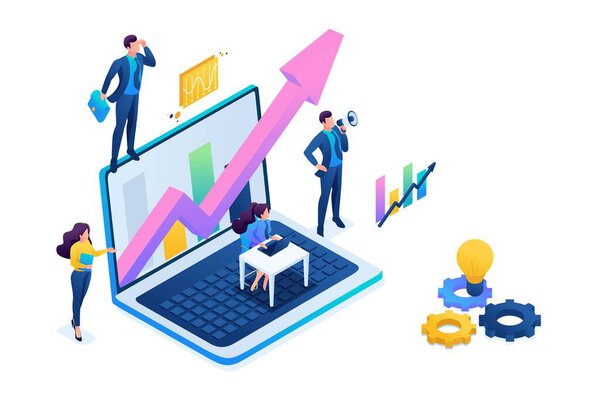 Изометрическая бизнес-концепция, работающая вместе как команда для достижения успеха. Концепция веб-дизайна
