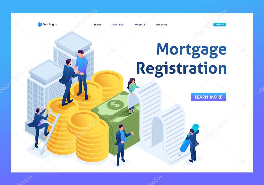 Isometric Bank employees draw up a mortgage loan, businessmen. Landing page concepts and web design