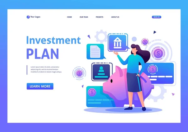 Kız yatırım planını, yatırımını ve kar büyümesini gösteriyor. Düz 2D karakter. İniş sayfası kavramları ve web tasarımı — Stok Vektör