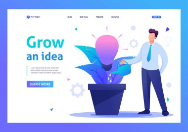 Genç adam bir saksıyı büyüyen bir iş fikriyle suluyor. Düz 2D karakter. İniş sayfası kavramları ve web tasarımı