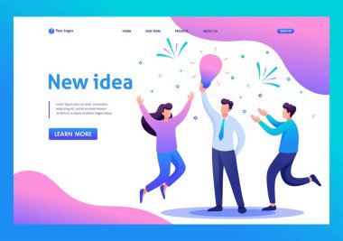 Genç takım yeni bir fikir üretiyor, takım çalışması. Düz 2D karakter. İniş sayfası kavramları ve web tasarımı