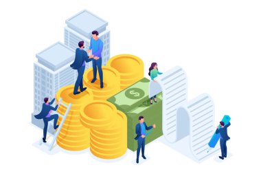 Isometric Bankası çalışanları ipotek kredisi alıyor, iş adamları. Web tasarımı için kavram