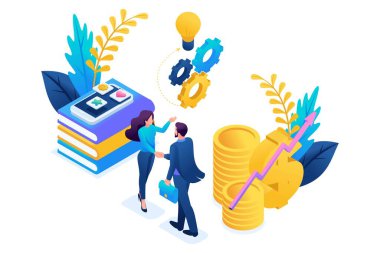 Yatırımcı ve yaratıcı ekip arasındaki Isometric iş ortaklığı. Web tasarımı için kavram