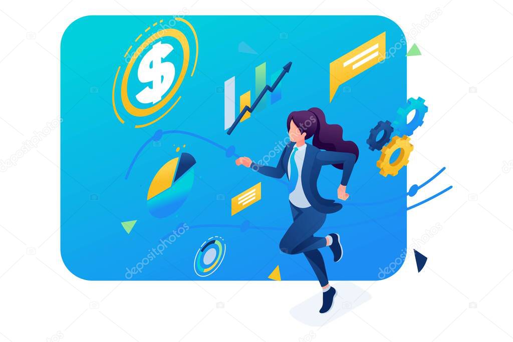 Business lady is committed to success, runs on a planned schedule. 3D isometric. Concept for web design