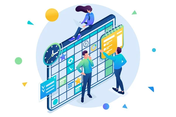 Équipe travaillant sur le plan d'affaires, les employés remplissent les champs du calendrier. Isométrique 3D. Concept de web design — Image vectorielle