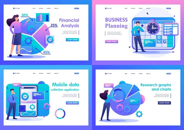 Uppsättning Flat 2D koncept finansiell analys, datainsamling ansökan, affärsplanering. För landningssidekoncept och webbdesign — Stock vektor