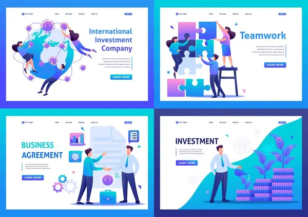 Set de conceptos planos 2D trabajo en equipo, inversión y crecimiento, acuerdo comercial. Para conceptos de Landing page y diseño web — Vector de stock