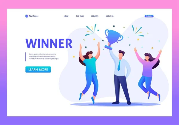 Succesvolle zakenman die een overwinning viert, teamwork. Plat 2D personage. Landingspagina concepten en web design — Stockvector