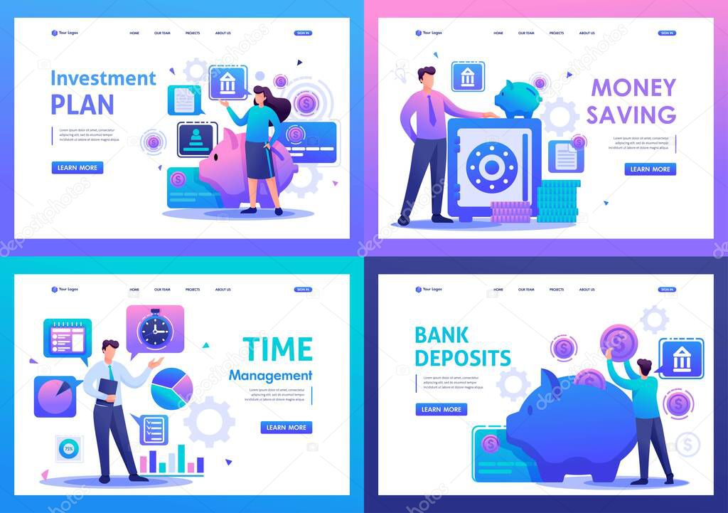 Set Flat 2D concepts bank deposits, investment plan, time management. For Landing page concepts and web design