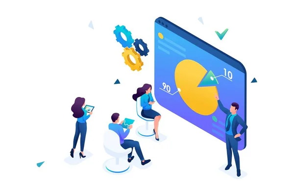 Тренер-предприниматель обучает сотрудников компании. Бизнес тренинг. 3D изометрические. Концепция веб-дизайна — стоковый вектор