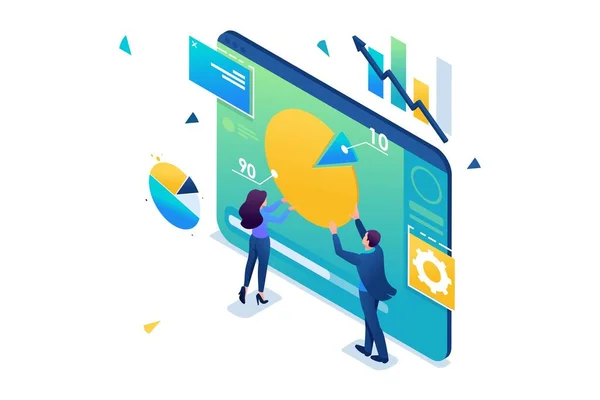 Los jóvenes empresarios están trabajando con un gráfico en una tableta. Análisis de datos. isométrica 3D. Concepto de diseño web — Vector de stock