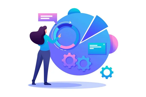 Kvinnlig karaktär med graf Forskning och diagram. Platt 2D-karaktär. Begreppet webbdesign — Stock vektor