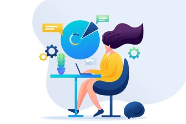 Uzaktan kumandada çalışan kız. Evde çalış, serbest çalışan. Düz 2D karakter. Web tasarımı için kavram