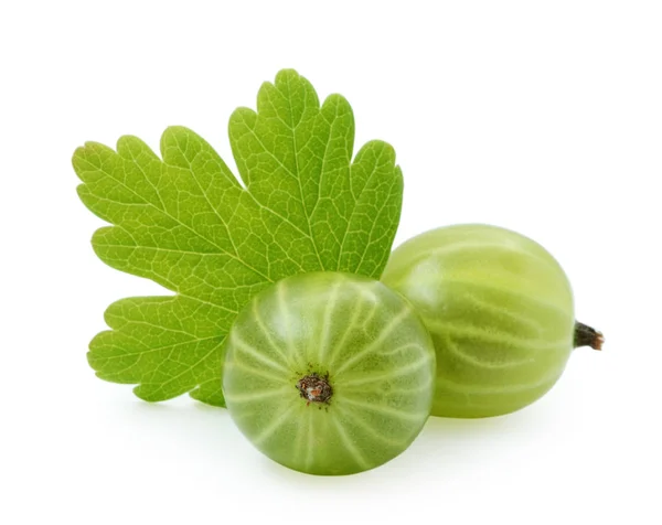 Green gooseberry with leaf isolated on white background — Stock Photo, Image