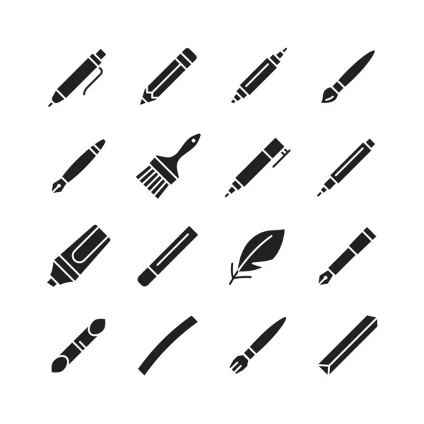 Outils Pour Dessin Calligraphie Lettrage Esquisse Ensemble Icônes Glyphe Plat — Image vectorielle