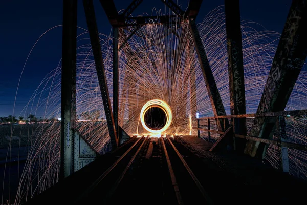 Unique Creative Light Painting With Fire and Tube Lighting — Stock Photo, Image