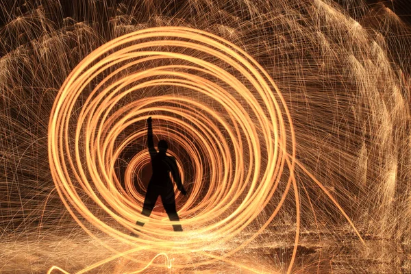 Unique Creative Light Painting With Fire and Tube Lighting — Stock Photo, Image