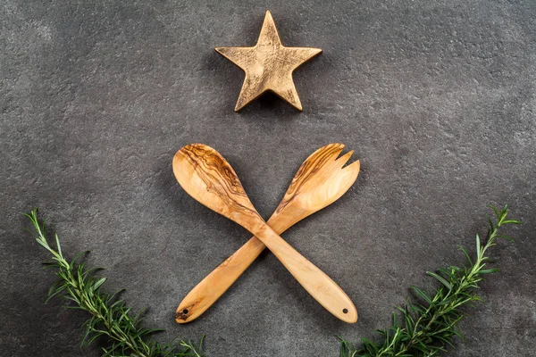 Wooden fork and spoon on dark background — Stock Photo, Image